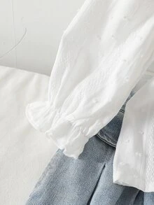 Girls' French Style Gentle Vertical Striped Jacquard Pom Pom Textured Ruffle Collar Puff Long Sleeve Single-Breasted Shirt Blouse, Suitable For Outings, Birthday Parties, Daily Wear, Spring And Autumn - White - View 6