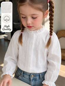 Girls' French Style Gentle Vertical Striped Jacquard Pom Pom Textured Ruffle Collar Puff Long Sleeve Single-Breasted Shirt Blouse, Suitable For Outings, Birthday Parties, Daily Wear, Spring And Autumn - White - View 1