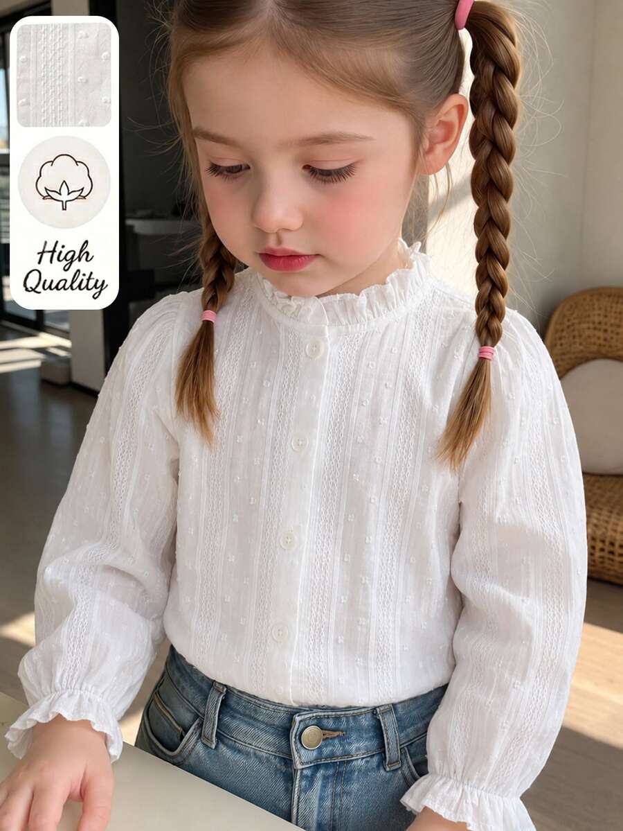 Girls' French Style Gentle Vertical Striped Jacquard Pom Pom Textured Ruffle Collar Puff Long Sleeve Single-Breasted Shirt Blouse, Suitable For Outings, Birthday Parties, Daily Wear, Spring And Autumn - White - View 1