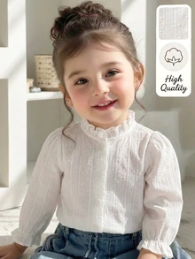 Girls' French Style Gentle Vertical Striped Jacquard Pom Pom Textured Ruffle Collar Puff Long Sleeve Single-Breasted Shirt Blouse, Suitable For Outings, Birthday Parties, Daily Wear, Spring And Autumn - White - View 4