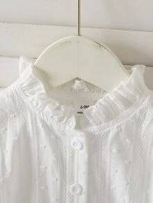 Girls' French Style Gentle Vertical Striped Jacquard Pom Pom Textured Ruffle Collar Puff Long Sleeve Single-Breasted Shirt Blouse, Suitable For Outings, Birthday Parties, Daily Wear, Spring And Autumn - White - View 7