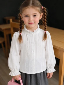 Girls' French Style Gentle Vertical Striped Jacquard Pom Pom Textured Ruffle Collar Puff Long Sleeve Single-Breasted Shirt Blouse, Suitable For Outings, Birthday Parties, Daily Wear, Spring And Autumn - White - View 3