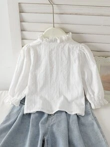 Girls' French Style Gentle Vertical Striped Jacquard Pom Pom Textured Ruffle Collar Puff Long Sleeve Single-Breasted Shirt Blouse, Suitable For Outings, Birthday Parties, Daily Wear, Spring And Autumn - White - View 2