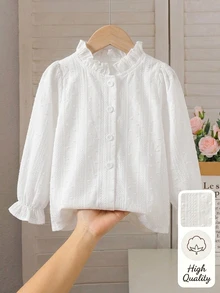 Girls' French Style Gentle Vertical Striped Jacquard Pom Pom Textured Ruffle Collar Puff Long Sleeve Single-Breasted Shirt Blouse, Suitable For Outings, Birthday Parties, Daily Wear, Spring And Autumn - White - View 5