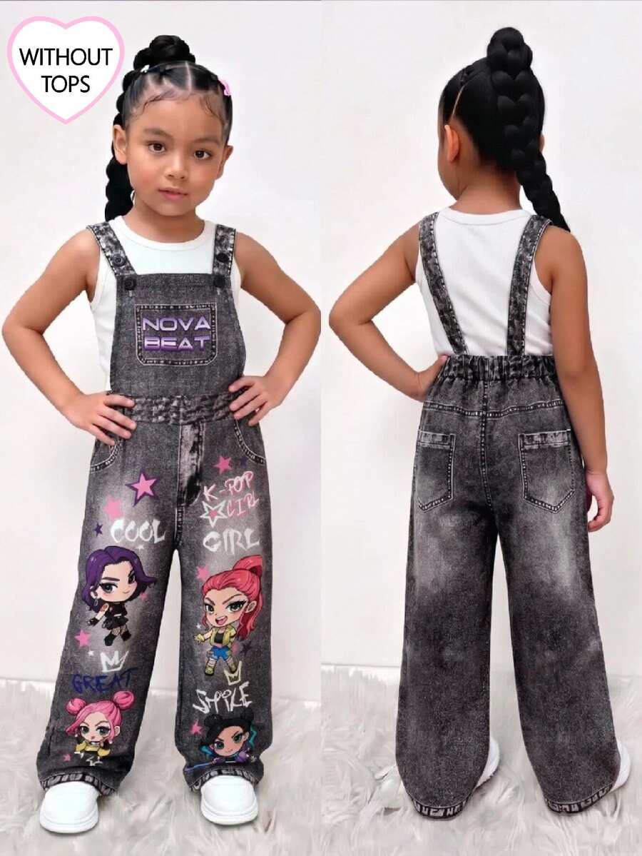 Young Girls' Denim Print Woven Street Style Fun Cool Letter Print Overalls, Fashion Back To School Season Item, Spring, Summer, Autumn Jumpsuit Blue - Black - View 1