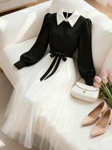 GlowEve Color Block Patchwork Shirt Collar Waist Tie Hem Mesh Overlay Dress - Apricot - View 1