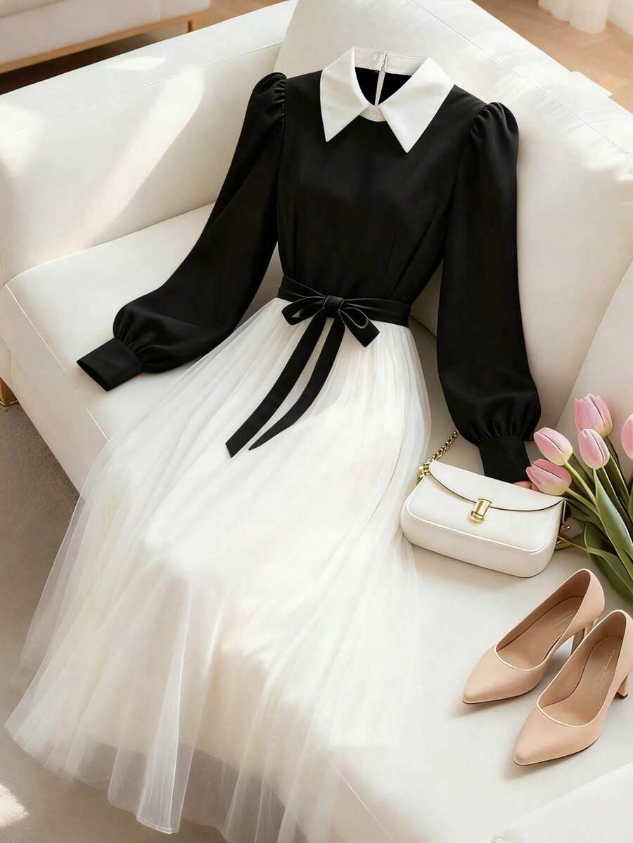 GlowEve Color Block Patchwork Shirt Collar Waist Tie Hem Mesh Overlay Dress - Apricot - View 1