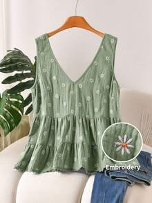 CosyJoli 大尺碼女款雛菊刺繡休閒蕾絲飾邊無袖上衣 - 綠色 - 查看 5