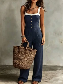 LUMIGAL Jumpsuit Wanita Kasual untuk Liburan dengan Tali Bahu Tipis dan Blok Warna - Navy Blue - View 3