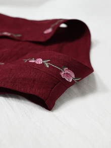 GlowEve 女款夏季刺繡兩件套，清爽亞麻感無袖上衣與短褲套裝，立領休閒 70 年代優雅度假風酒紅色 - 酒紅色 - 查看 5