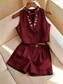 GlowEve 女款夏季刺繡兩件套，清爽亞麻感無袖上衣與短褲套裝，立領休閒 70 年代優雅度假風酒紅色 - 酒紅色 - 查看 1