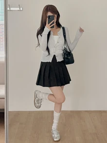 DAZY 女款純色修身圓領羅紋飾邊休閒度假風春秋針織開襟衫 - 灰色 - 查看 2