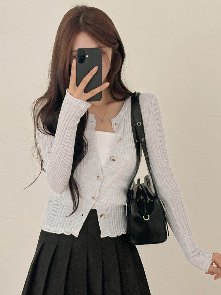 DAZY Women's Solid Color Fitted Round Neck Ribbed Trim Casual Vacation Spring Autumn Knit Cardigan - Grey - View 1