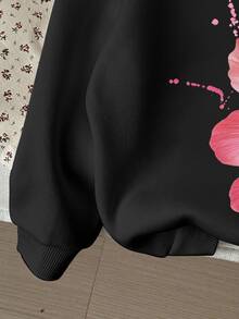 Tween Girl Floral Print Sweatshirt, Casual Tropical Comfortable Crew Neck Loose Fit Pullover Top, Suitable For Autumn/Winter Black And Pink Everyday - Black - View 3