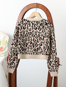 SHEIN Tween Girls Cute Leopard Animal Print Knit Cardigan, Long Sleeve Beige Soft Sweater With Bow Button, Short Hem For Back-To-School, Autumn, Holiday - Apricot - View 2
