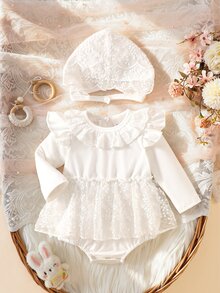 SHEIN 2pcs Newborn Baby Girls Romper Tutu Dress Sweet Cute Cream Lace Ruffle Mesh Floral Long Sleeve Birthday Party Fall First Birthday Princess Bonnet - White - View 2