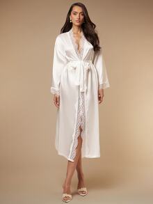 Silquee Women's Deep V-Neck Tie Front Lace Patchwork Sexy Long Sleeve Robe - White - View 3