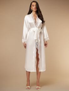 Silquee Women's Deep V-Neck Tie Front Lace Patchwork Sexy Long Sleeve Robe - White - View 4