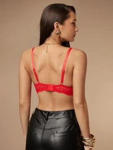 Silquee 1 件蕾丝拼接性感聚拢浪漫无钢圈文胸，适合小胸围女性 - 紅色 - 查看 2