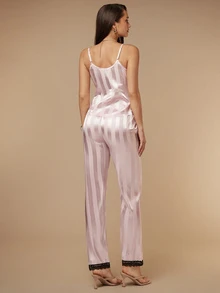 Silquee Contrast Lace Satin PJ Set / Pajama Set - Baby Pink - View 3
