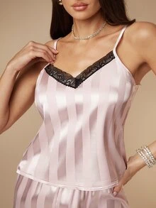 Silquee Contrast Lace Satin PJ Set / Pajama Set - Baby Pink - View 5