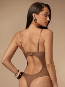Silquee 1pc Women's Sexy Lingerie Floral Embroidery Mesh Jumpsuit - Brown - View 2