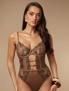 Silquee 1pc Women's Sexy Lingerie Floral Embroidery Mesh Jumpsuit - Brown - View 6