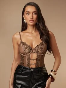 Silquee 1pc Women's Sexy Lingerie Floral Embroidery Mesh Jumpsuit - Brown - View 4