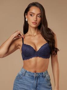 Silquee Women's Lace Underwire Bra Lingerie - Navy Blue - View 4