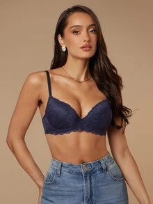 Silquee Women's Lace Underwire Bra Lingerie - Navy Blue - View 1