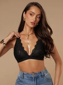 Silquee 1pc Black Lace Floral Eyelash Decor Sexy Camisole Bra For Women - Black - View 5