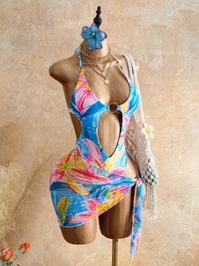 Mistrie Women's 2pcs Set Summer Beach Vacation Leopard Print Hollow Ring Buckle One-Piece Swimsuit And Cover-Up Dress - Multicolor - View 5