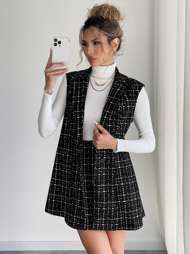 Elyressa 2pcs/Set Leisure Plaid Vest & Skirt Suit For Autumn - Black - View 6