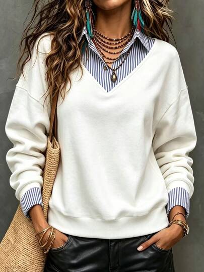 Trelyra Women's Striped Patchwork 2 In 1 Sweatshirt
