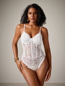 DreamPoppy JSE Romantic Lace Trim Figure-Hugging Backless Bodysuit, Slim & Sexy - White - View 8