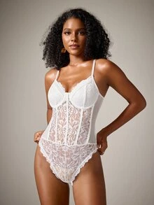 DreamPoppy JSE Romantic Lace Trim Figure-Hugging Backless Bodysuit, Slim & Sexy - White - View 5