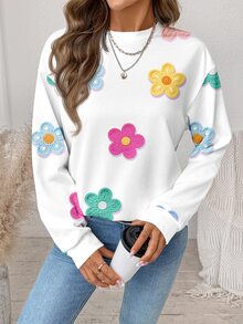 SHEIN LUNE 女款寬鬆圓領運動衫－鉤編風彩色花卉、長袖、休閒 - 彩色 - 查看 5