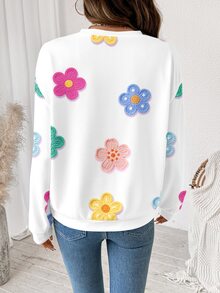 SHEIN LUNE 女款寬鬆圓領運動衫－鉤編風彩色花卉、長袖、休閒 - 彩色 - 查看 2