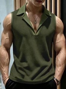 Manfinity Dauomo 男士休閒低調百搭老錢風純色背心 橄欖綠 夏季度假登山穿搭 - 軍綠色 - 查看 1