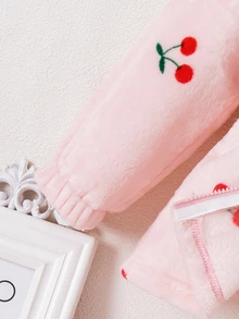 SHEIN 女童可愛櫻桃印花抓絨內裡連帽夾克休閒粉色鬆緊腰帕卡外套秋冬保暖防寒雪地穿著外衣 - 粉色 - 查看 5