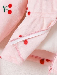 SHEIN 女童可愛櫻桃印花抓絨內裡連帽夾克休閒粉色鬆緊腰帕卡外套秋冬保暖防寒雪地穿著外衣 - 粉色 - 查看 8