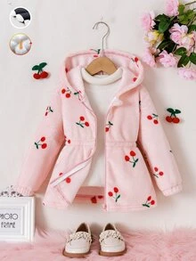 SHEIN 女童可愛櫻桃印花抓絨內裡連帽夾克休閒粉色鬆緊腰帕卡外套秋冬保暖防寒雪地穿著外衣 - 粉色 - 查看 7