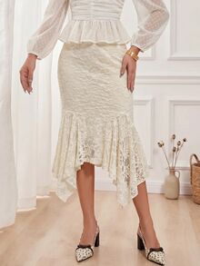 Modelyn Women's Textured Asymmetrical Elegant Romantic Skirt Date Brunch Tea Party White Fall - Beige - View 5
