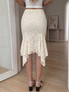 Modelyn Women's Textured Asymmetrical Elegant Romantic Skirt Date Brunch Tea Party White Fall - Beige - View 3