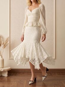 Modelyn Women's Textured Asymmetrical Elegant Romantic Skirt Date Brunch Tea Party White Fall - Beige - View 4