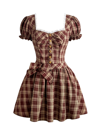 Sweetness Vintage Plaid Sweet Petal Sleeve Women's Mini Dress