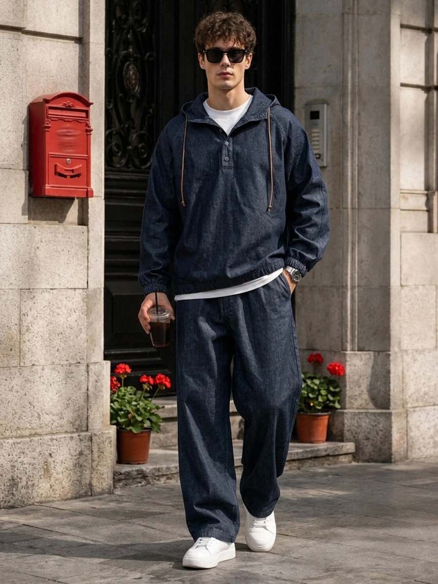 DAZY Spring/Autumn Navy Blue Raw Denim Hooded Jacket With Button Placket, Half-Zip Front, Adjustable Drawstring Hem, Paired With Long Elastic Waist Denim Pants, Men's Denim Set - Blue - View 1