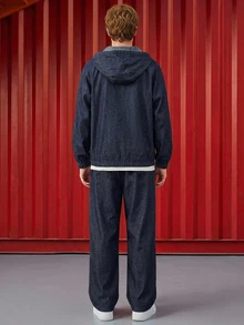DAZY Spring/Autumn Navy Blue Raw Denim Hooded Jacket With Button Placket, Half-Zip Front, Adjustable Drawstring Hem, Paired With Long Elastic Waist Denim Pants, Men's Denim Set - Blue - View 2