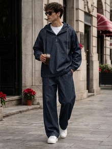 DAZY Spring/Autumn Navy Blue Raw Denim Hooded Jacket With Button Placket, Half-Zip Front, Adjustable Drawstring Hem, Paired With Long Elastic Waist Denim Pants, Men's Denim Set - Blue - View 6