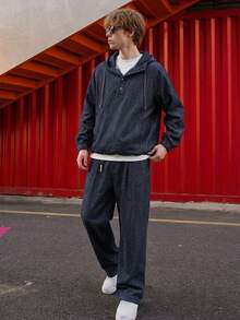 DAZY Spring/Autumn Navy Blue Raw Denim Hooded Jacket With Button Placket, Half-Zip Front, Adjustable Drawstring Hem, Paired With Long Elastic Waist Denim Pants, Men's Denim Set - Blue - View 3
